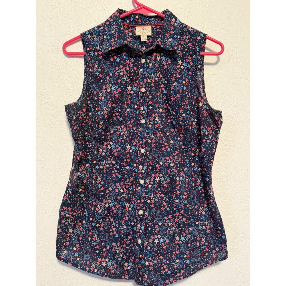 St Johns Bay Womens Navy Blue Red Star Print Sleeveless Button Down Shirt S